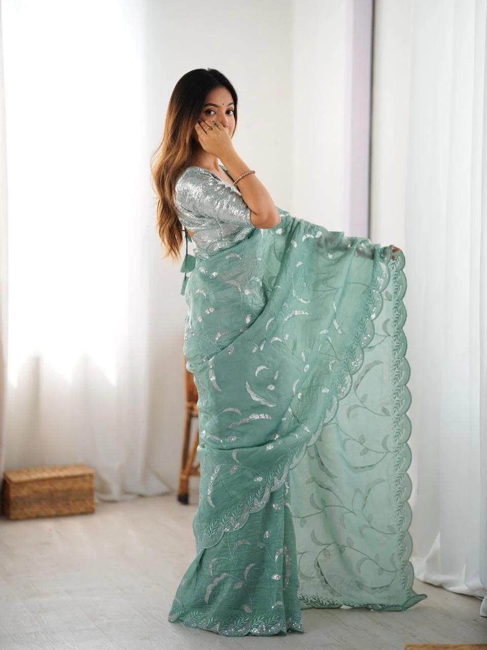 Dusty Teal Green Ready To Wear Saree With Designer Sequin Blouse