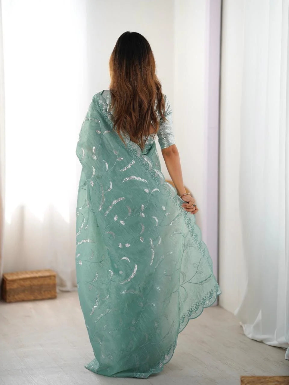 Dusty Teal Green Ready To Wear Saree With Designer Sequin Blouse