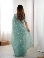 Dusty Teal Green Ready To Wear Saree With Designer Sequin Blouse