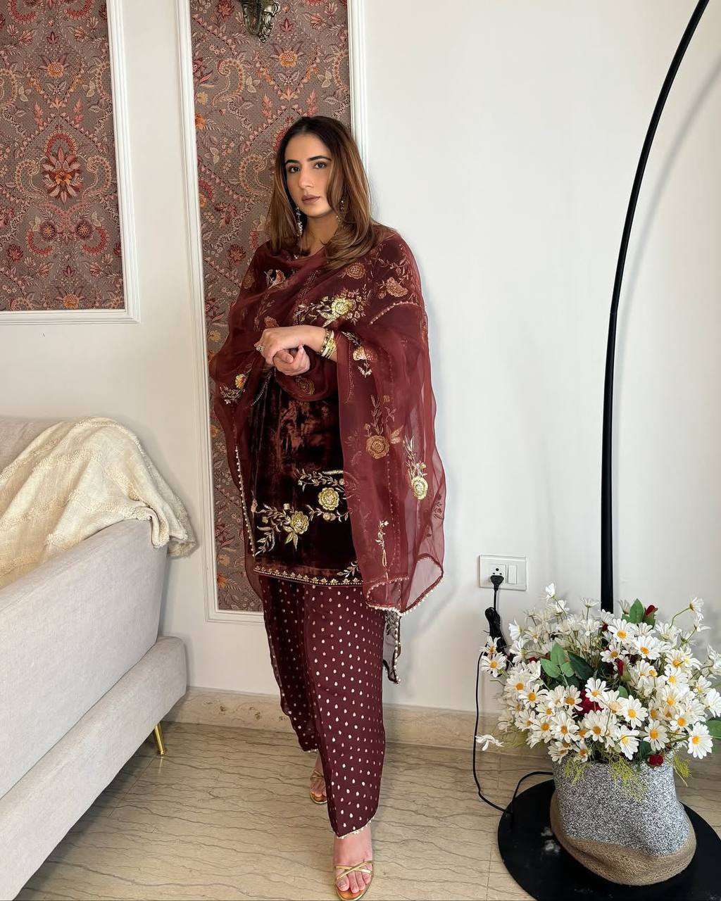 Velvet Sequence Top with Farshi Salwar & Heavy Organza Dupatta
