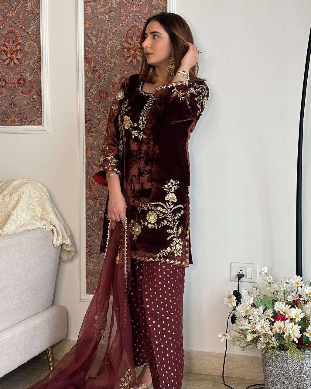Velvet Sequence Top with Farshi Salwar & Heavy Organza Dupatta