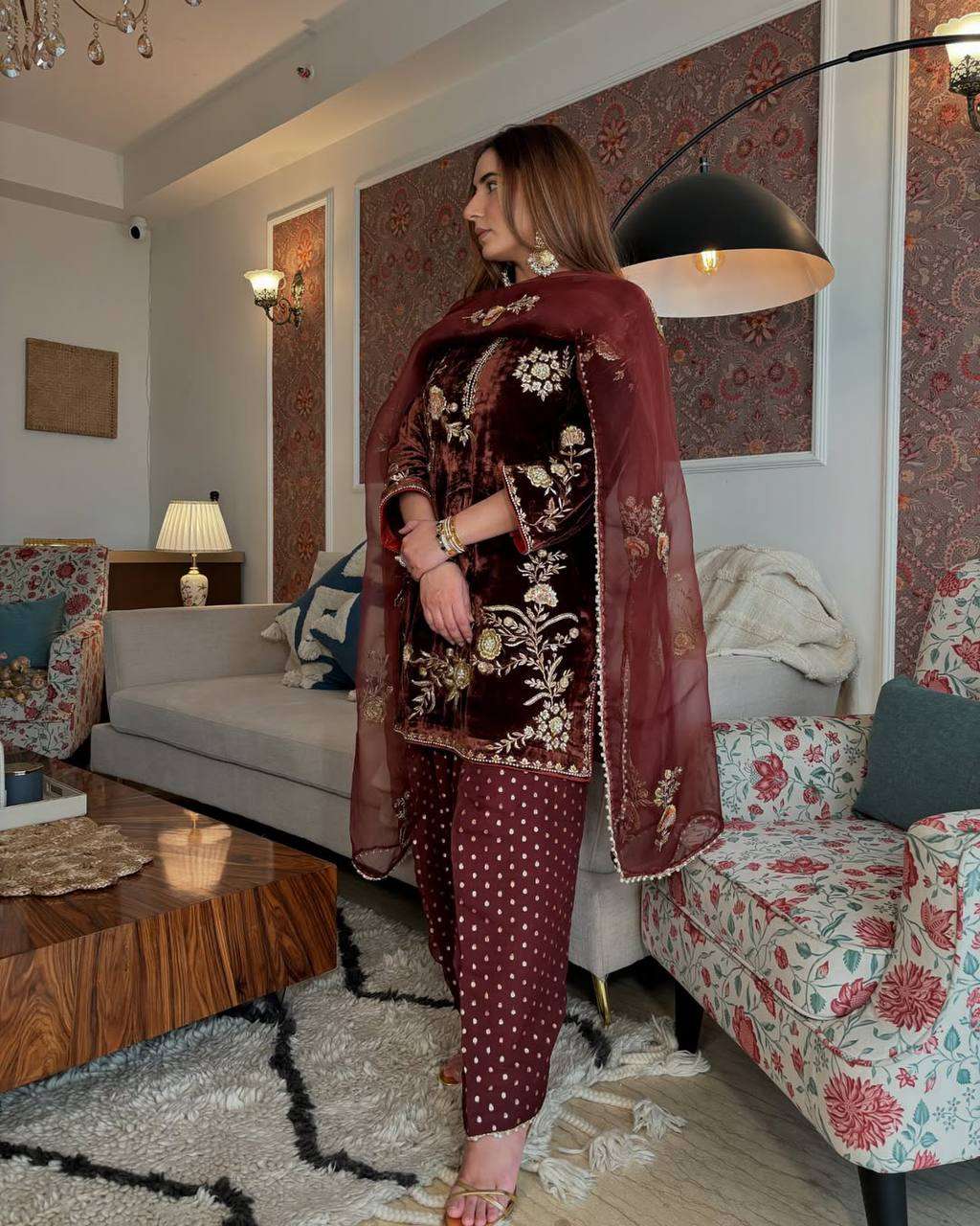 Velvet Sequence Top with Farshi Salwar & Heavy Organza Dupatta