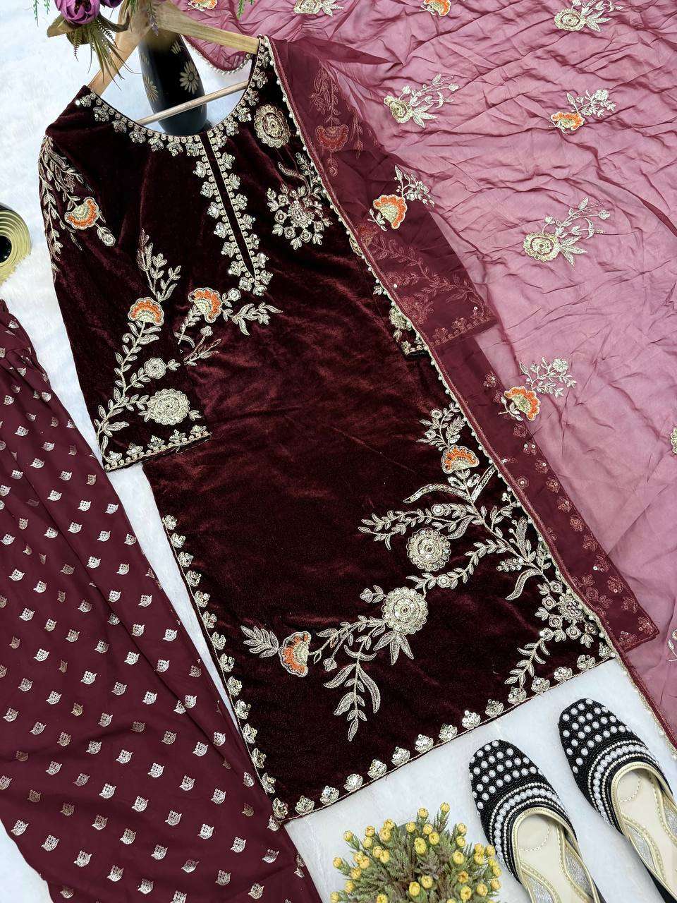 Velvet Sequence Top with Farshi Salwar & Heavy Organza Dupatta