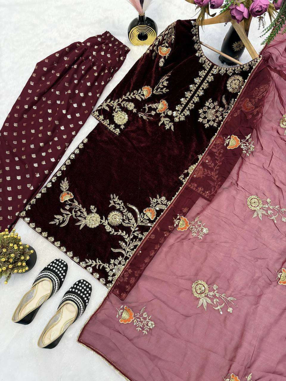 Velvet Sequence Top with Farshi Salwar & Heavy Organza Dupatta