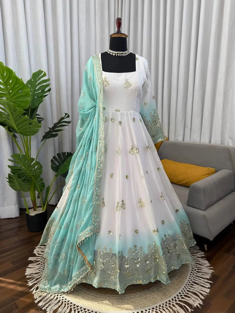Fresh Mint Festive Anarkali Kurta Set with Dupatta â€“ Plus Size Fit