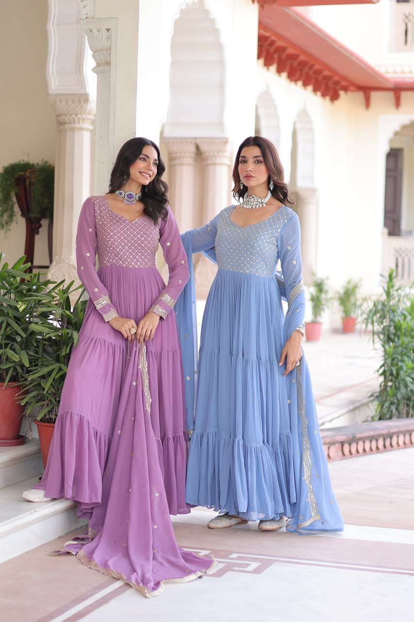 Designer Faux Georgette Gown with Zari & Sequence Embroidery
