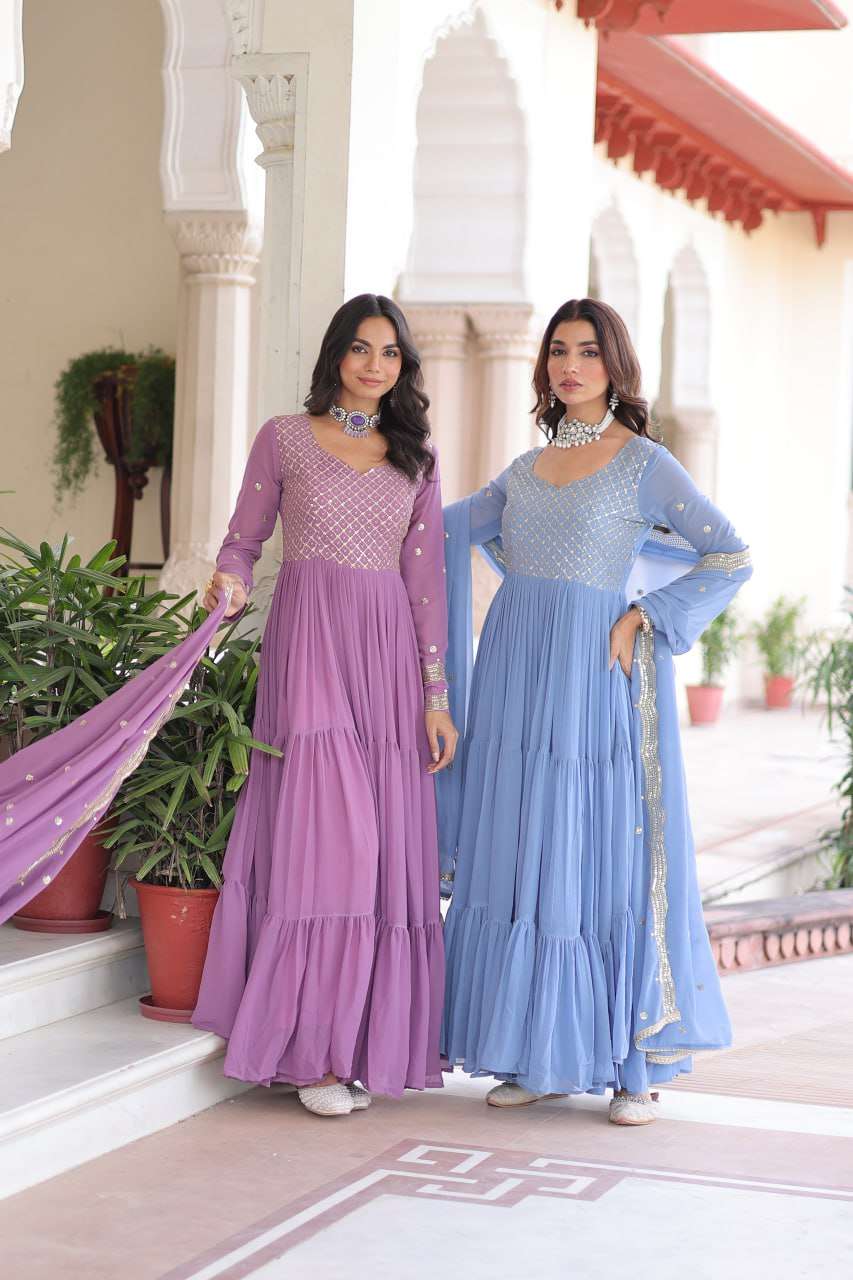 Designer Faux Georgette Gown with Zari & Sequence Embroidery