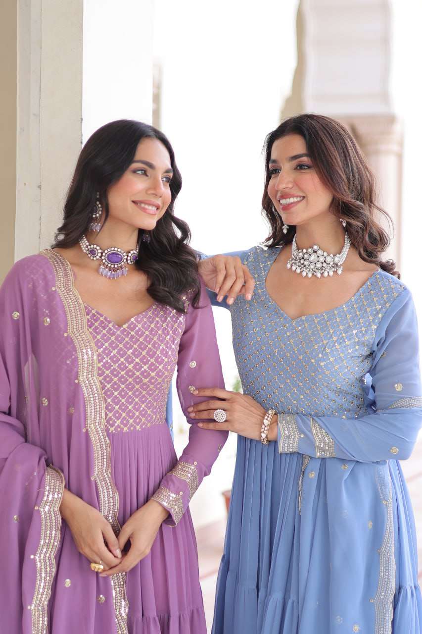 Designer Faux Georgette Gown with Zari & Sequence Embroidery