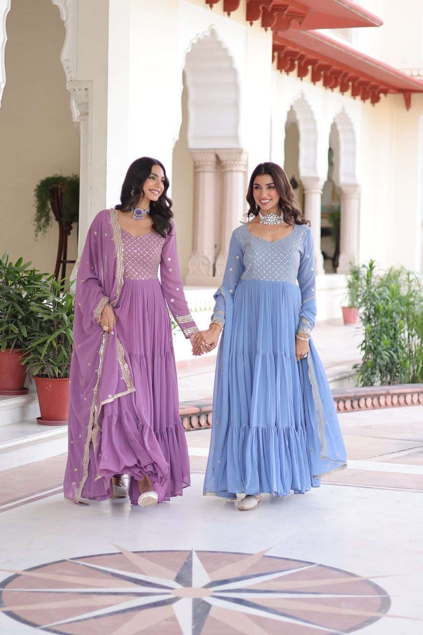 Designer Faux Georgette Gown with Zari & Sequence Embroidery