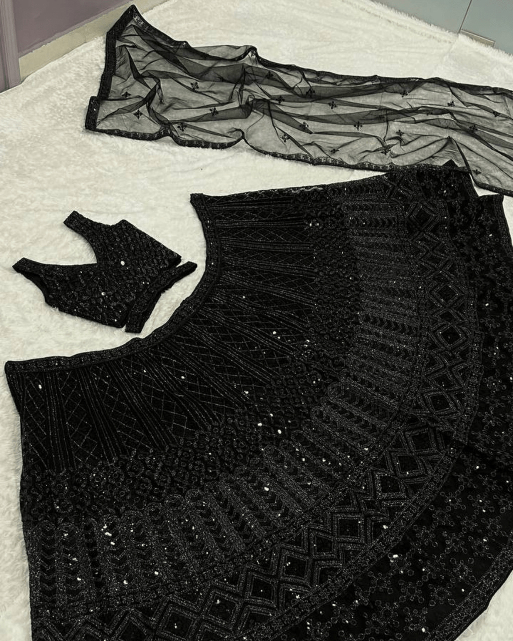 Timeless Black Net Lehenga with Sequin Detailing & Dupatta - Party Perfection