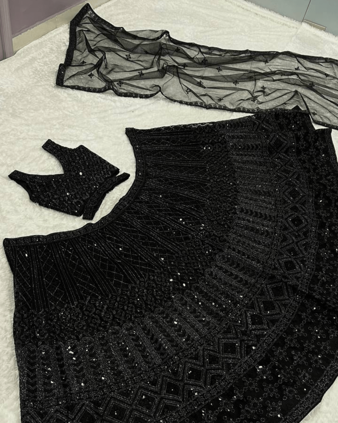 Timeless Black Net Lehenga with Sequin Detailing & Dupatta - Party Perfection
