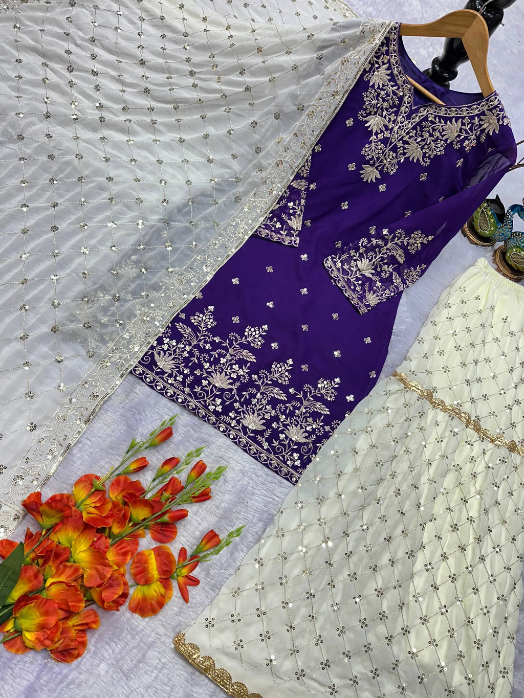 Classic Purple Embroidered Georgette Sharara Set â€“ Perfect for Eid