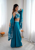 Elegant Teal Blue Co-ord Set- Western Dhoti & Designer Choli With Sequence Shrug