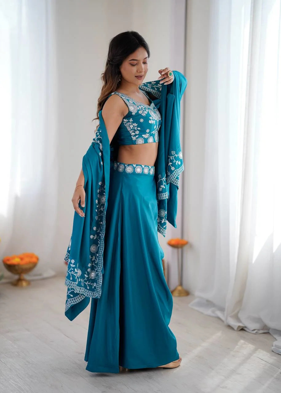 Elegant Teal Blue Co-ord Set- Western Dhoti & Designer Choli With Sequence Shrug