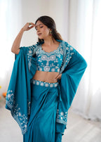 Elegant Teal Blue Co-ord Set- Western Dhoti & Designer Choli With Sequence Shrug