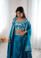 Elegant Teal Blue Co-ord Set- Western Dhoti & Designer Choli With Sequence Shrug
