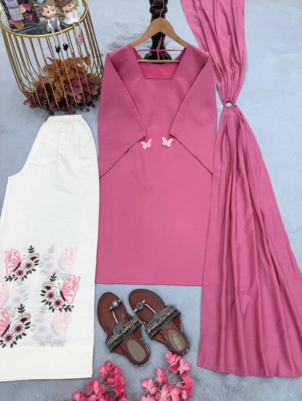 Blush Pink Festive Kurti Palazzo Set with Floral Butterfly Print & Dupatta