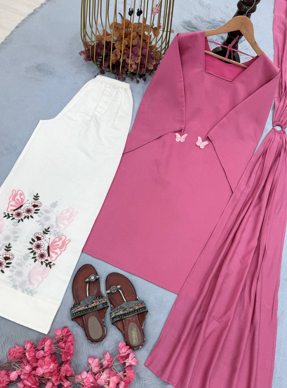 Blush Pink Festive Kurti Palazzo Set with Floral Butterfly Print & Dupatta