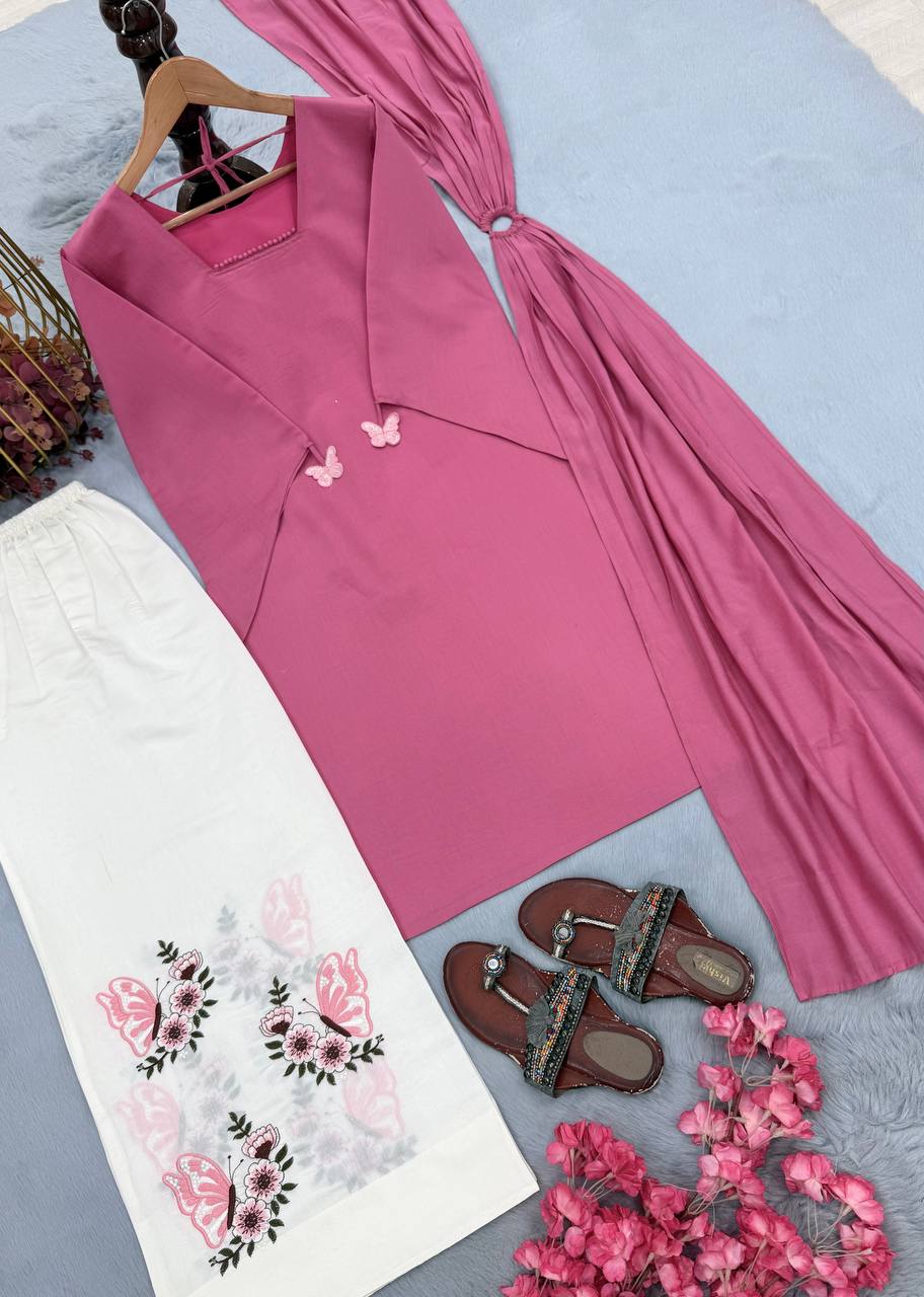 Blush Pink Festive Kurti Palazzo Set with Floral Butterfly Print & Dupatta