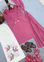 Blush Pink Festive Kurti Palazzo Set with Floral Butterfly Print & Dupatta
