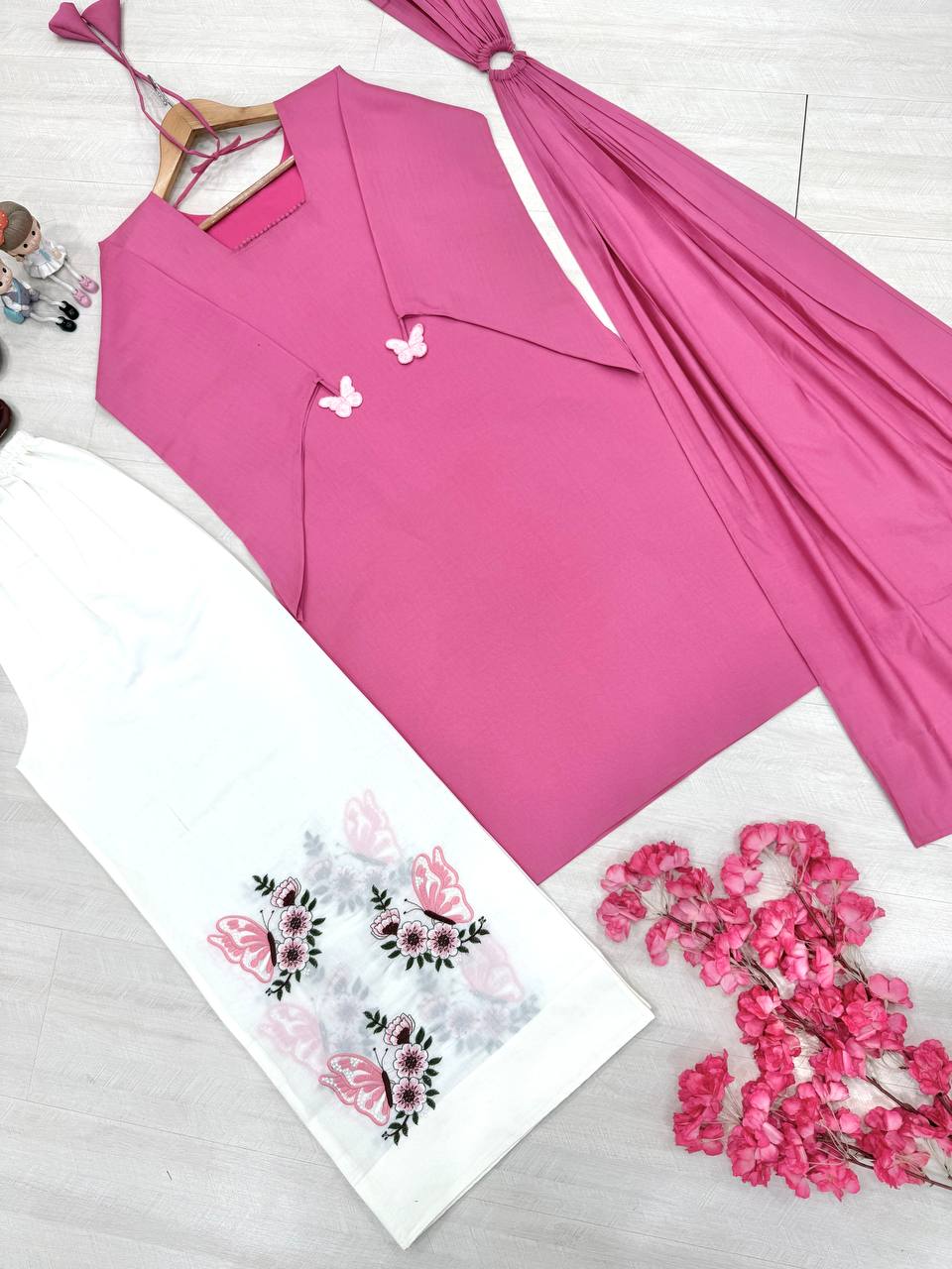 Blush Pink Festive Kurti Palazzo Set with Floral Butterfly Print & Dupatta