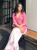 Blush Pink Festive Kurti Palazzo Set with Floral Butterfly Print & Dupatta