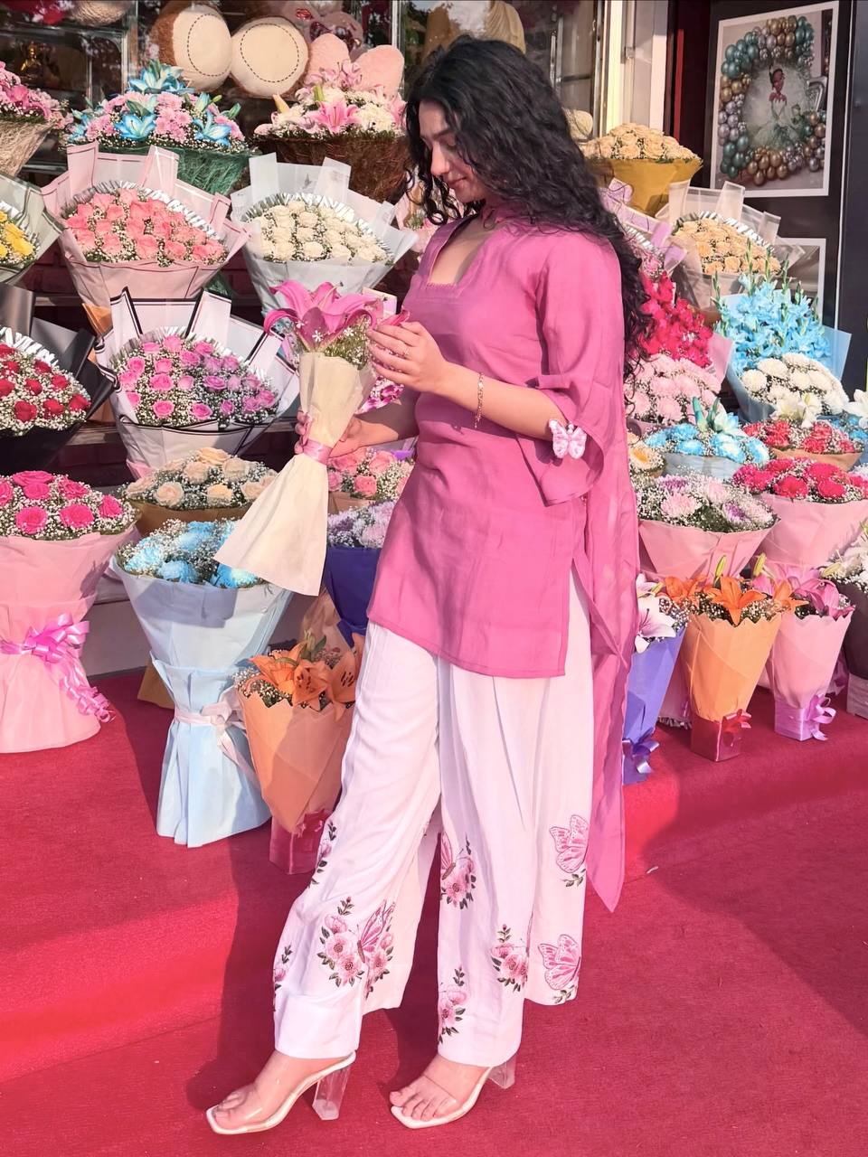 Blush Pink Festive Kurti Palazzo Set with Floral Butterfly Print & Dupatta