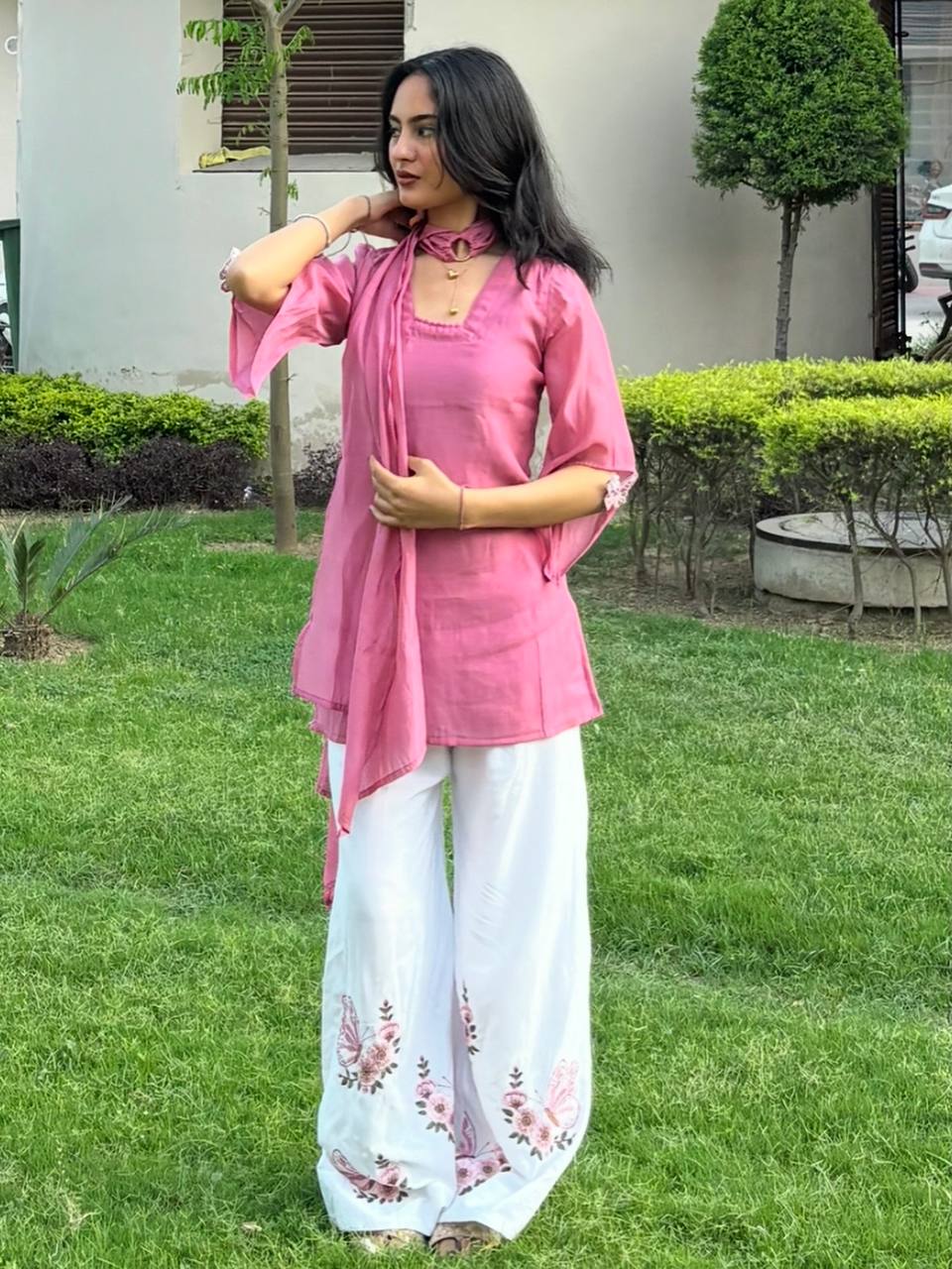 Blush Pink Festive Kurti Palazzo Set with Floral Butterfly Print & Dupatta