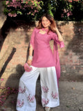 Blush Pink Festive Kurti Palazzo Set with Floral Butterfly Print & Dupatta