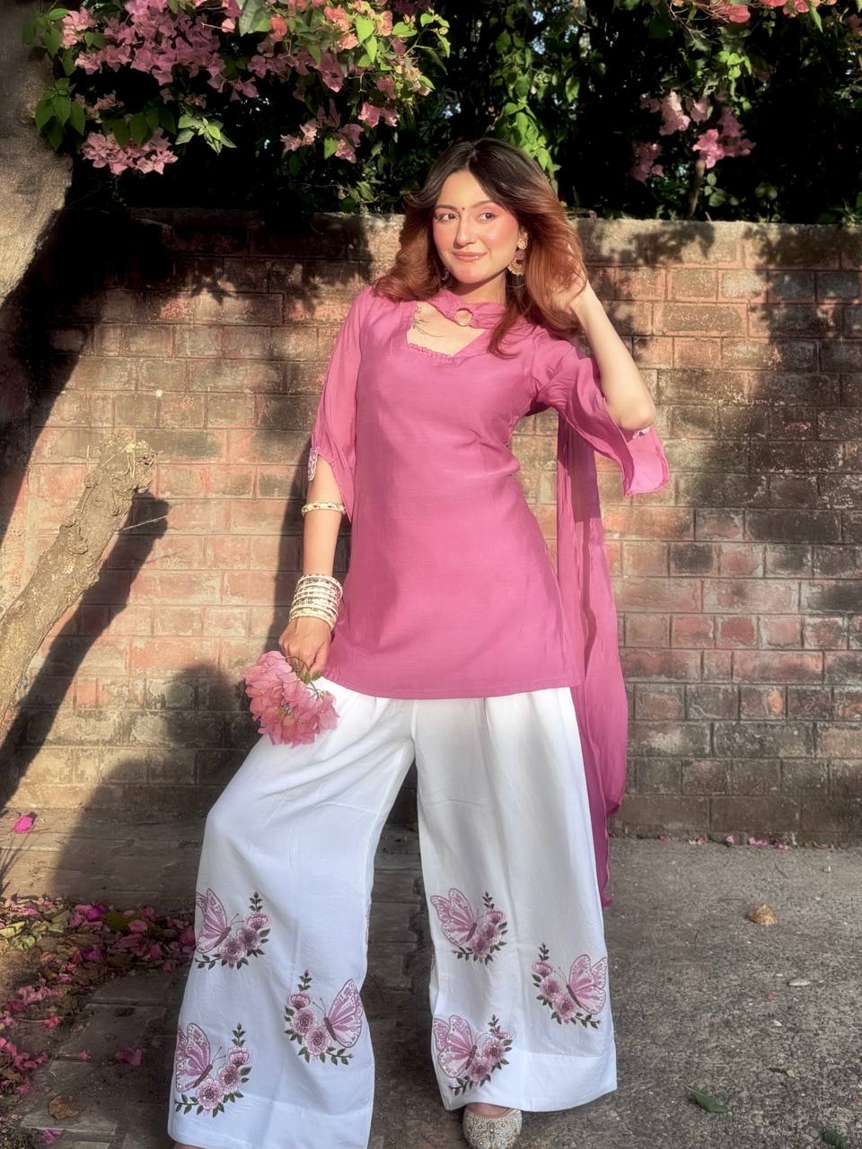 Blush Pink Festive Kurti Palazzo Set with Floral Butterfly Print & Dupatta