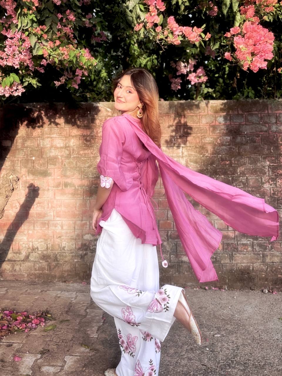 Blush Pink Festive Kurti Palazzo Set with Floral Butterfly Print & Dupatta