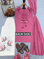 Blush Pink Festive Kurti Palazzo Set with Floral Butterfly Print & Dupatta