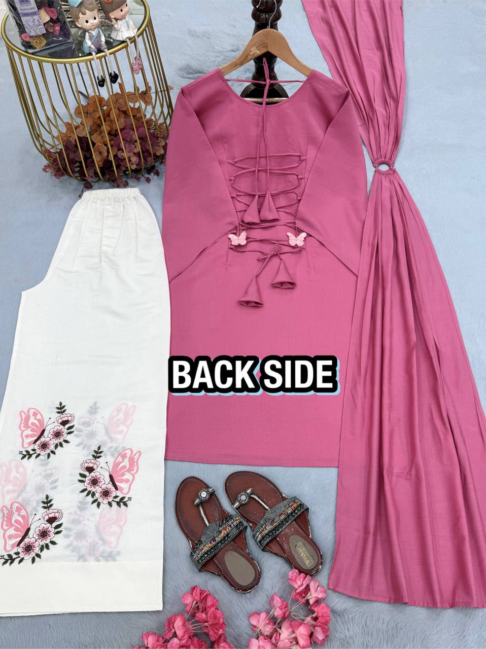 Blush Pink Festive Kurti Palazzo Set with Floral Butterfly Print & Dupatta