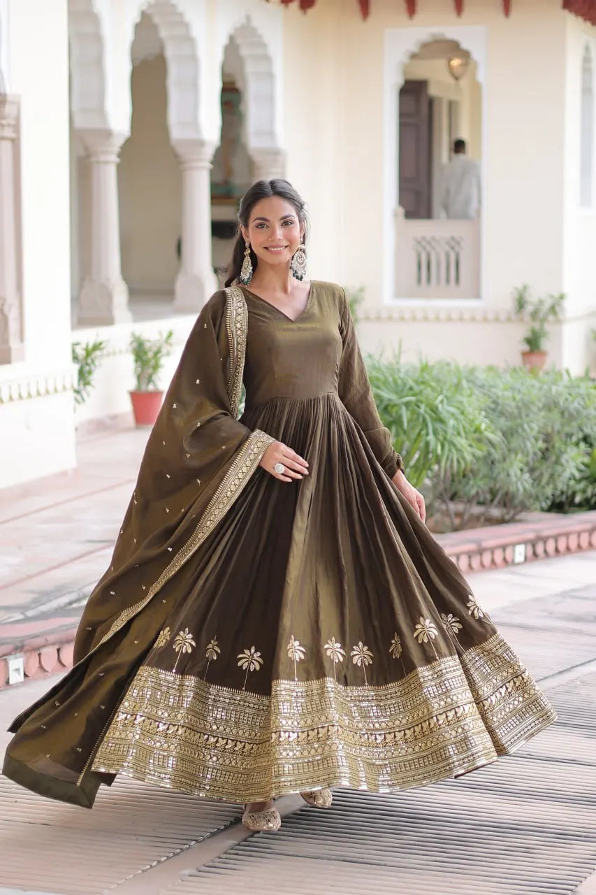 Ethnic Royalty: Heavy Sequins Work Gown with Premium Dupatta Set