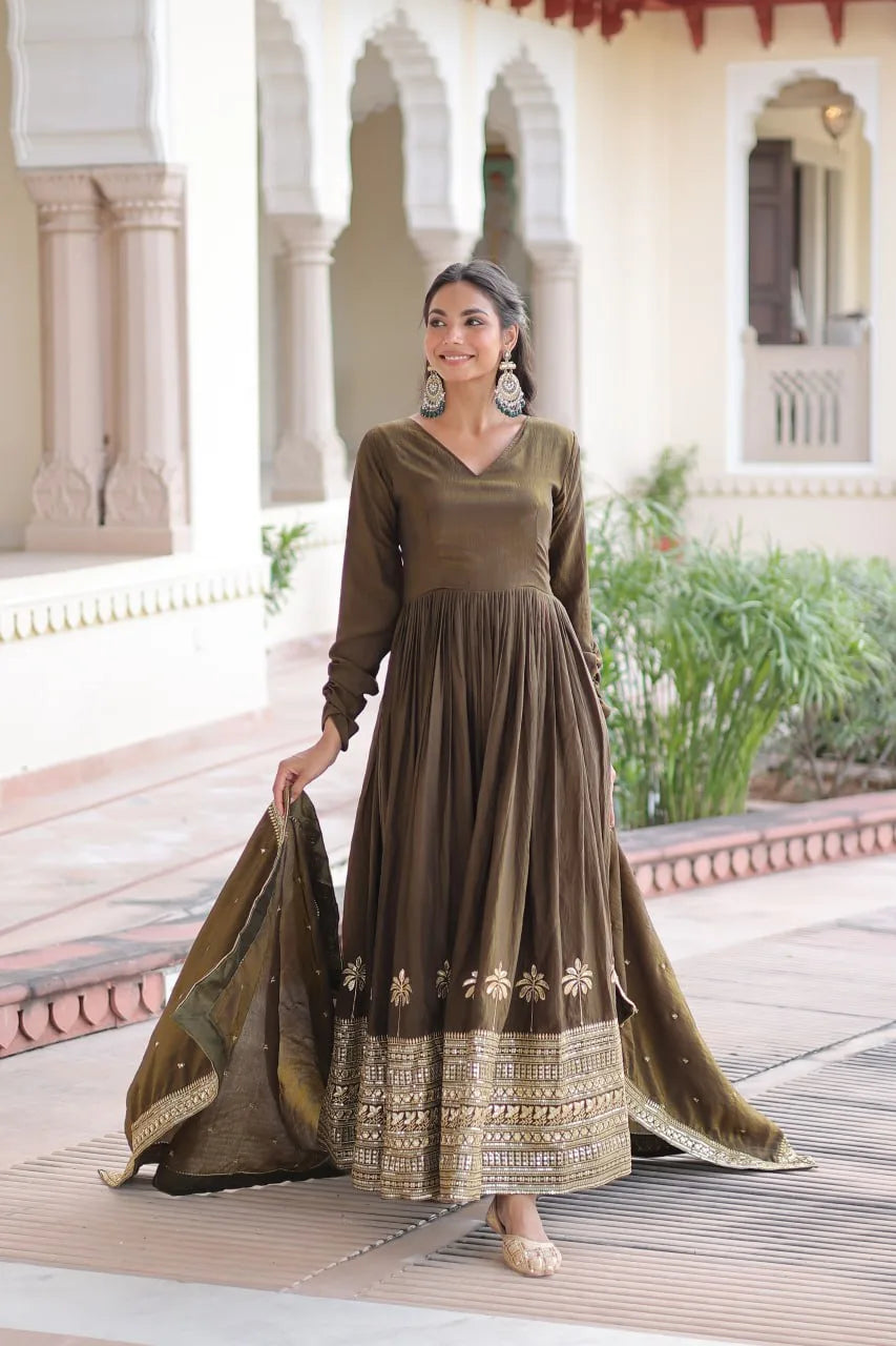 Ethnic Royalty: Heavy Sequins Work Gown with Premium Dupatta Set