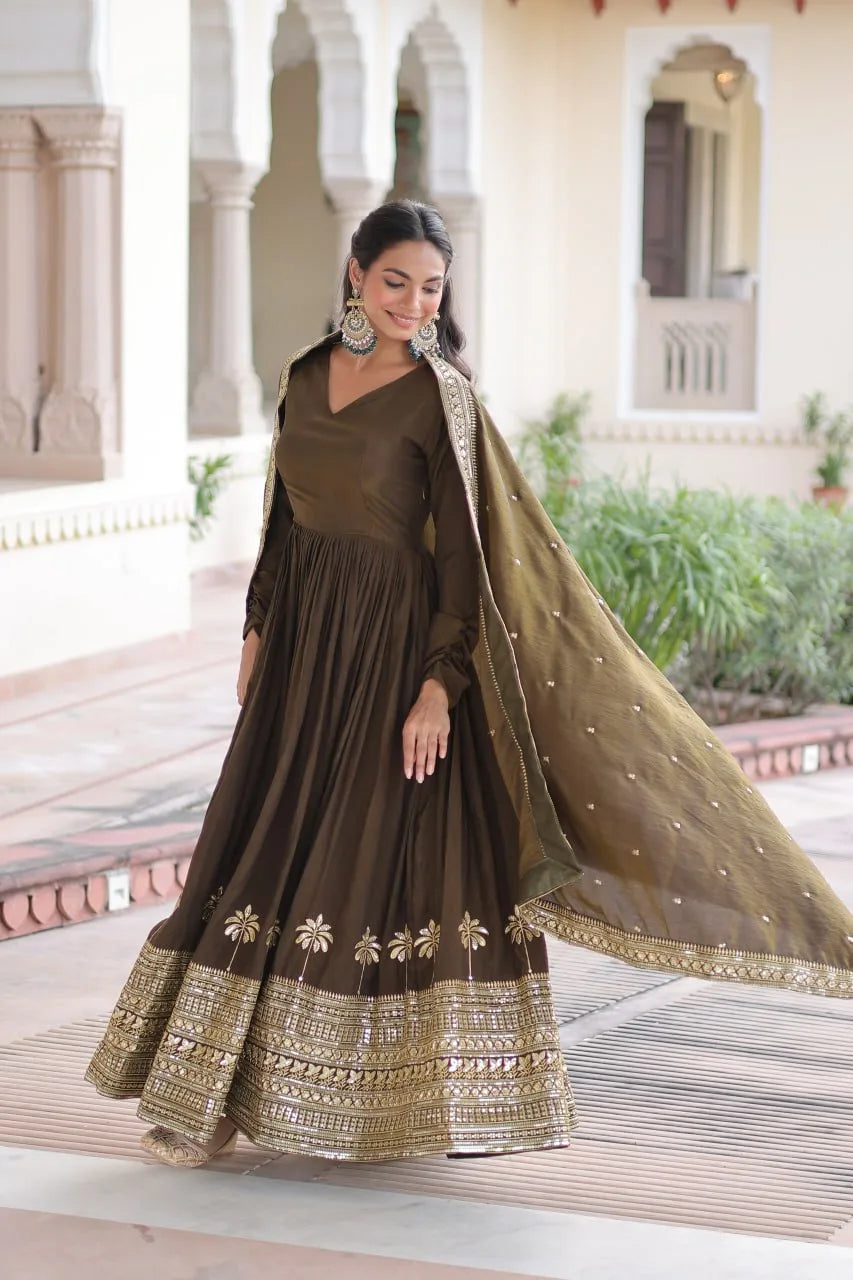 Ethnic Royalty: Heavy Sequins Work Gown with Premium Dupatta Set