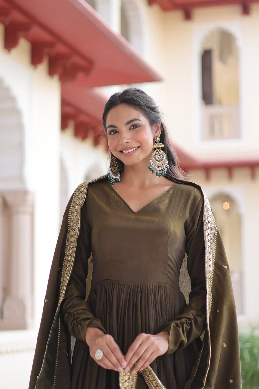 Ethnic Royalty: Heavy Sequins Work Gown with Premium Dupatta Set