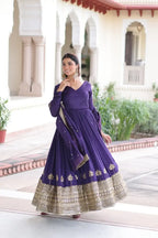 Regal Charm: Vichitra Silk Gown with Fancy Neck & Embroidered Dupatta