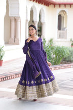Regal Charm: Vichitra Silk Gown with Fancy Neck & Embroidered Dupatta