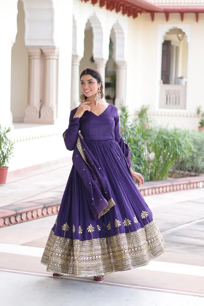 Regal Charm: Vichitra Silk Gown with Fancy Neck & Embroidered Dupatta