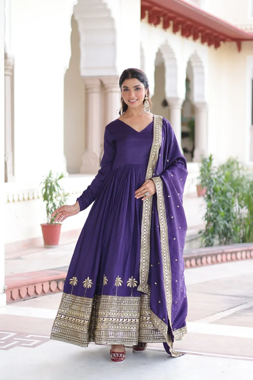 Regal Charm: Vichitra Silk Gown with Fancy Neck & Embroidered Dupatta