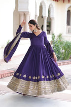 Regal Charm: Vichitra Silk Gown with Fancy Neck & Embroidered Dupatta