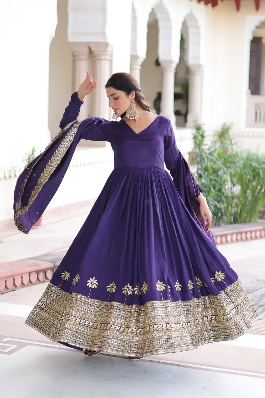 Regal Charm: Vichitra Silk Gown with Fancy Neck & Embroidered Dupatta