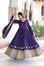 Regal Charm: Vichitra Silk Gown with Fancy Neck & Embroidered Dupatta