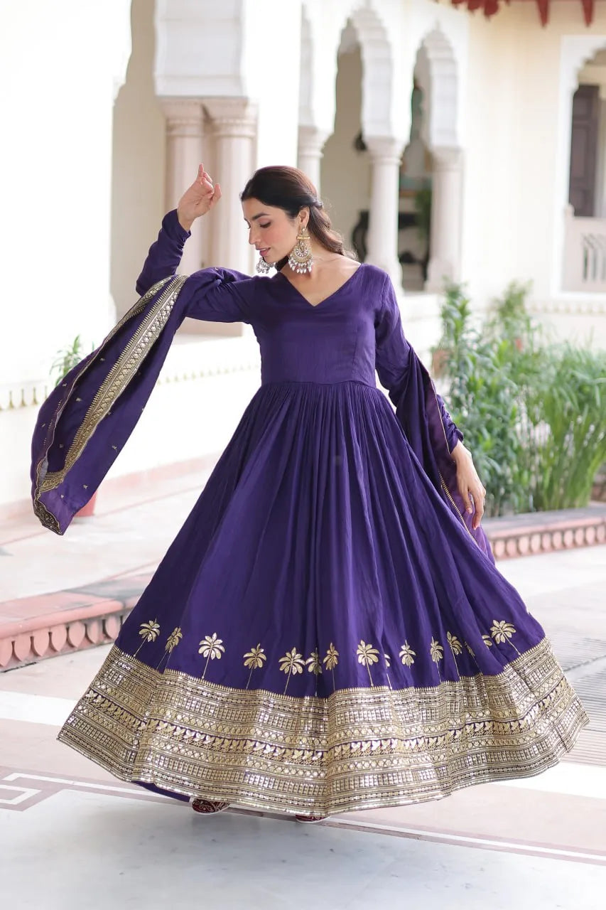 Regal Charm: Vichitra Silk Gown with Fancy Neck & Embroidered Dupatta