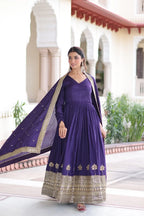 Regal Charm: Vichitra Silk Gown with Fancy Neck & Embroidered Dupatta