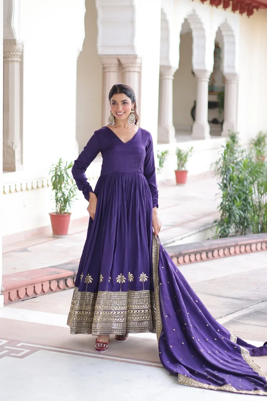 Regal Charm: Vichitra Silk Gown with Fancy Neck & Embroidered Dupatta