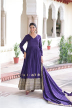 Regal Charm: Vichitra Silk Gown with Fancy Neck & Embroidered Dupatta