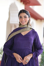 Regal Charm: Vichitra Silk Gown with Fancy Neck & Embroidered Dupatta