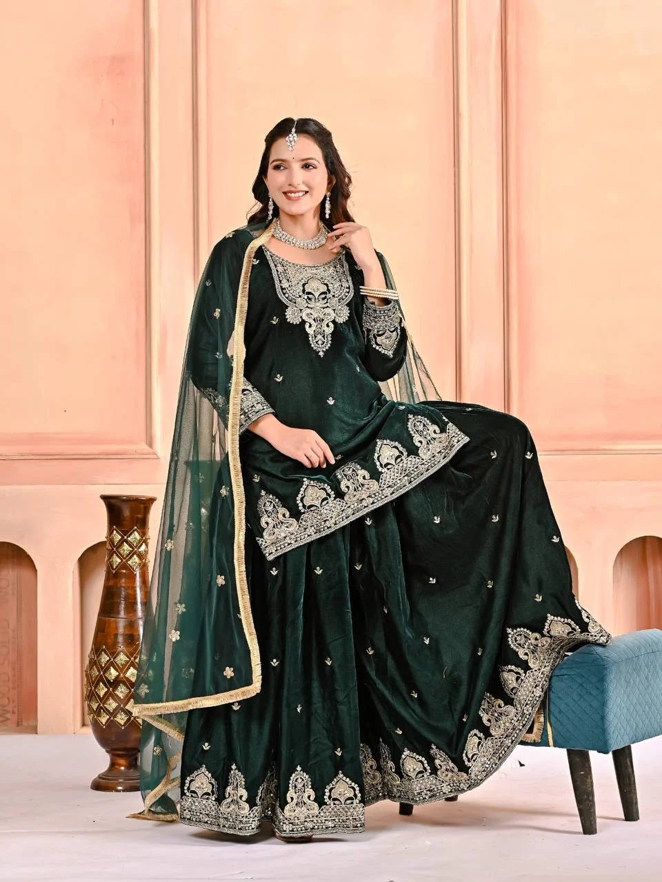 Fully Stitched Velvet Sharara Suit with Heavy Work & Fancy Lace Dupatta